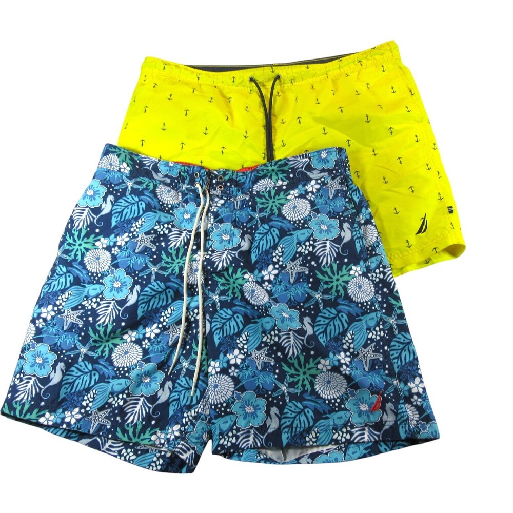Nautica Mens Swim Trunks - 2 Lot - Large x 7 Yellow / Blue Floral 100% Polyester